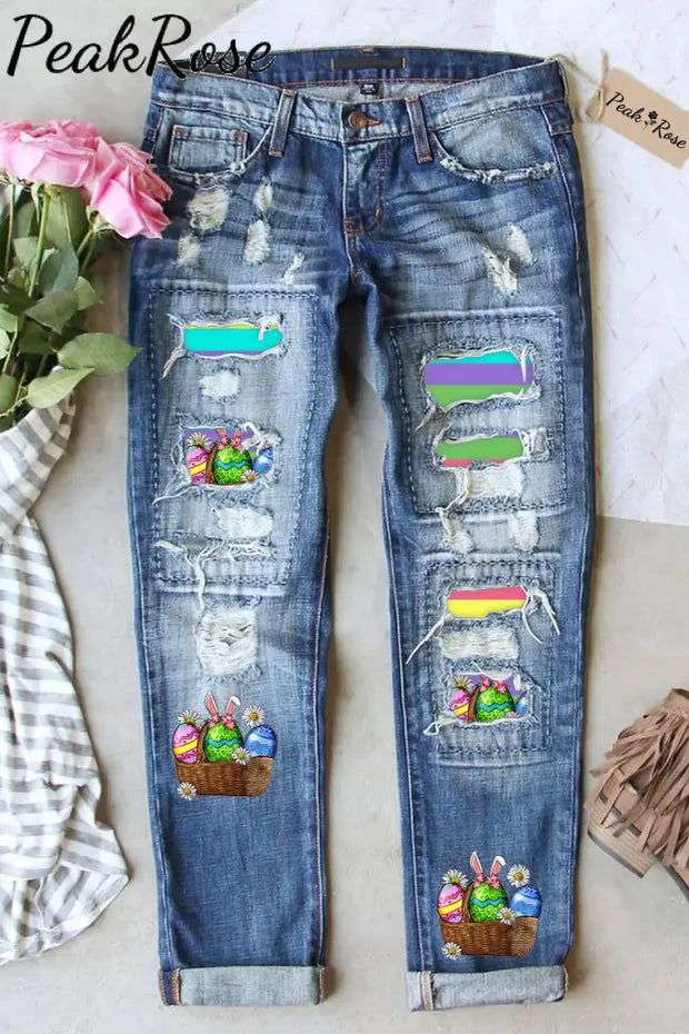 Happy Easter Day Colorful Eggs Stripe Ripped Denim Jeans S