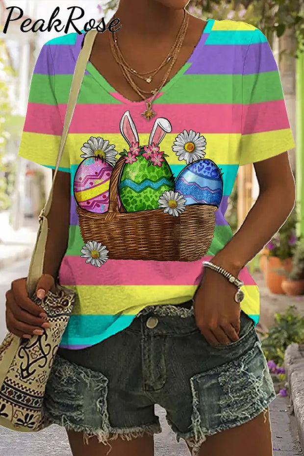 Happy Easter Day Colorful Eggs Stripe V Neck Short Sleeve T-Shirt