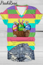 Happy Easter Day Colorful Eggs Stripe V Neck Short Sleeve T-Shirt