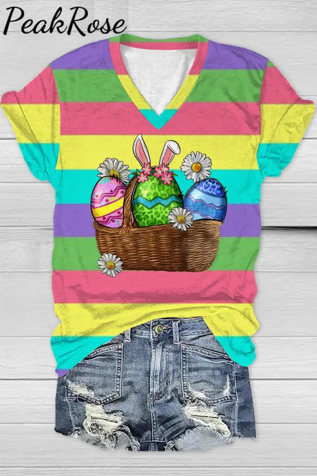 Happy Easter Day Colorful Eggs Stripe V Neck Short Sleeve T-Shirt