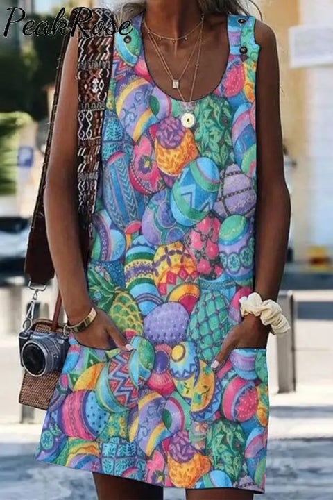 Happy Easter Day Colorful Eggs Tank Dress With Pockets S / Multicolor