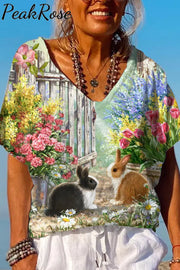 Happy Easter Day Floral Bunny Dolman Sleeves Tee