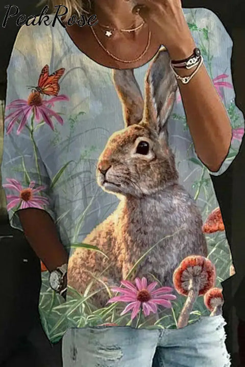 Happy Easter Day Floral Bunny Half Sleeves Tee S /