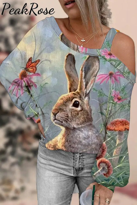 Happy Easter Day Floral Bunny Off Shoulder Blouse