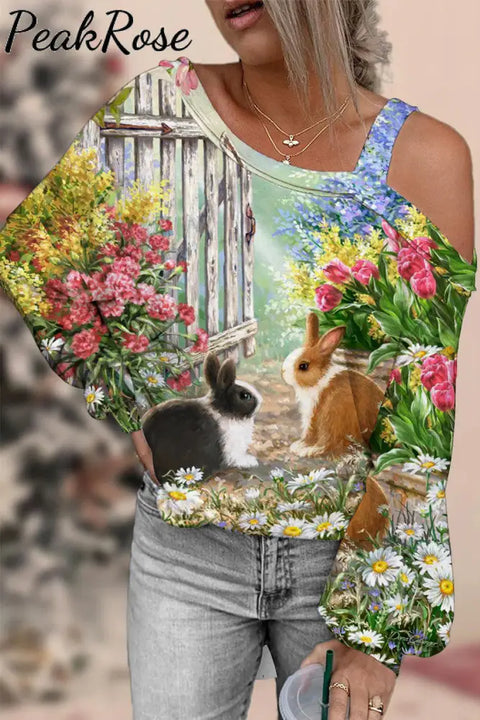 Happy Easter Day Floral Bunny Off Shoulder Blouse