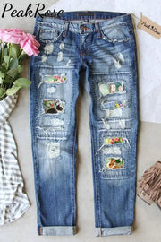 Happy Easter Day Floral Bunny Ripped Denim Jeans