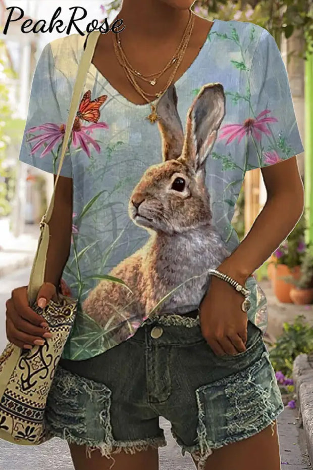 Happy Easter Day Floral Bunny V Neck T-Shirt T-Shirt