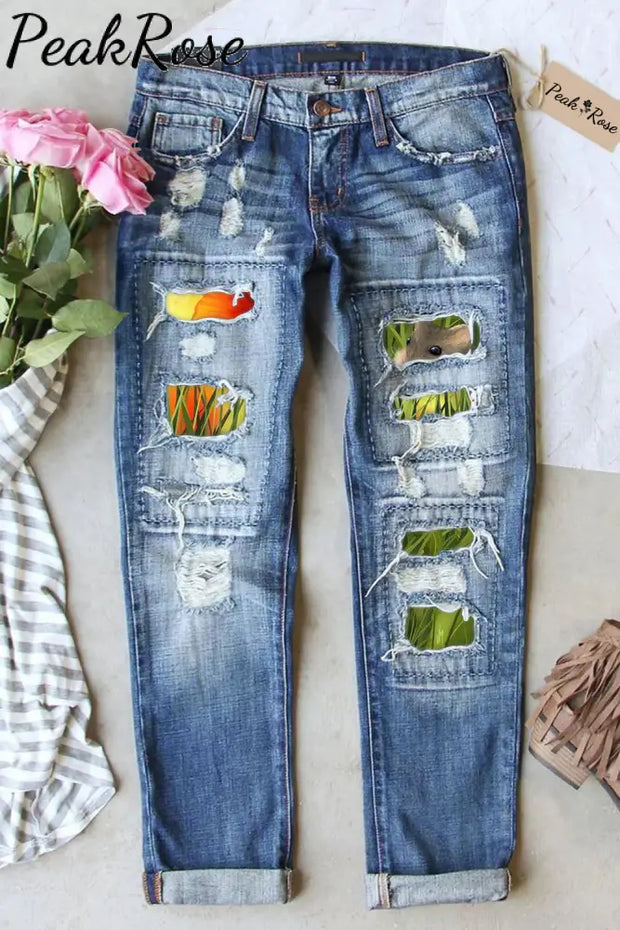 Happy Easter Day Floral Little Bunnies Ripped Denim Jeans