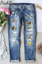 Happy Easter Day Floral Rabbit Ripped Denim Jeans