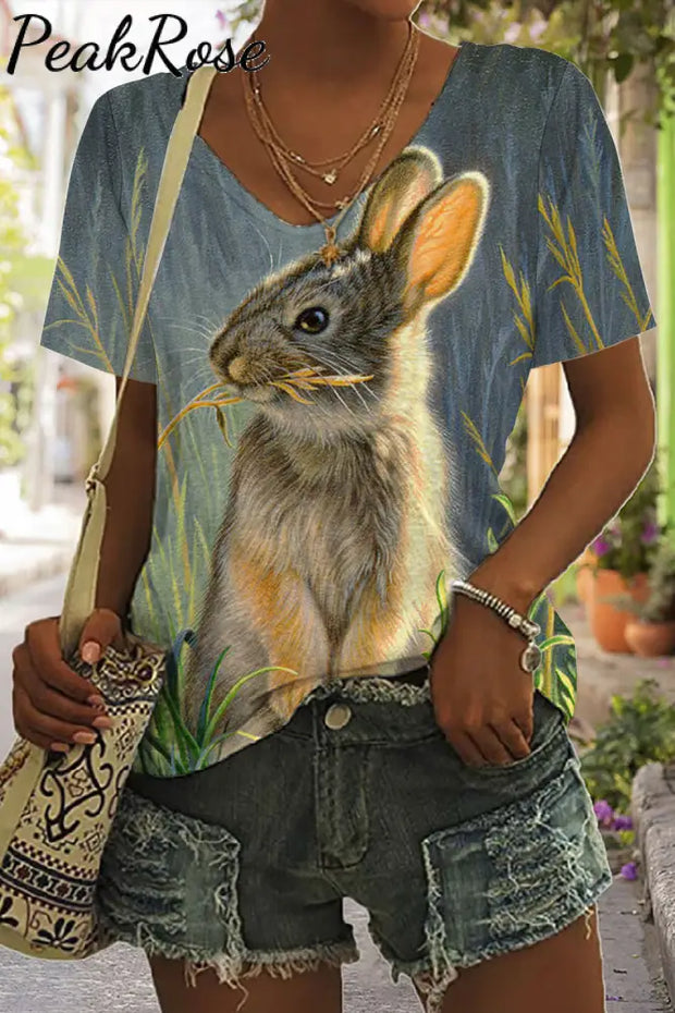 Happy Easter Day Floral Rabbit V Neck T-Shirt T-Shirt