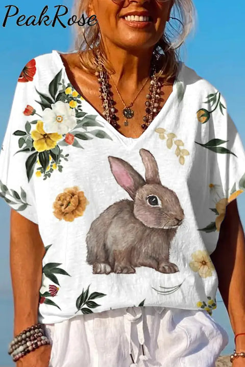 Happy Easter Day Floral Rabbits Dolman Sleeves Tee