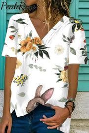 Happy Easter Day Floral Rabbits Fold V Neck Loose T-Shirt