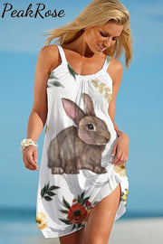 Happy Easter Day Floral Rabbits Sleeveless Dress