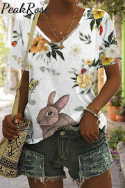 Happy Easter Day Floral Rabbits V Neck T-Shirt T-Shirt