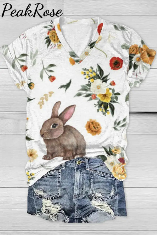 Happy Easter Day Floral Rabbits V Neck T-Shirt T-Shirt