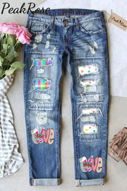 Happy Easter Day Love Bunnies Plaid Printed Ripped Denim Jeans