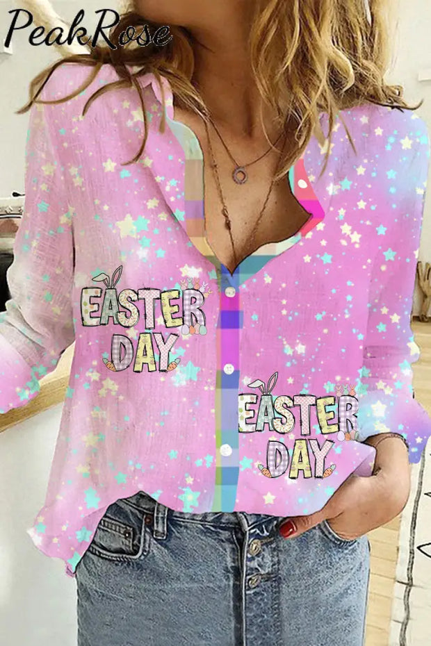 Happy Easter Day Pink Blue Gold Glitter Long Sleeve Shirt S / Photo Color Women