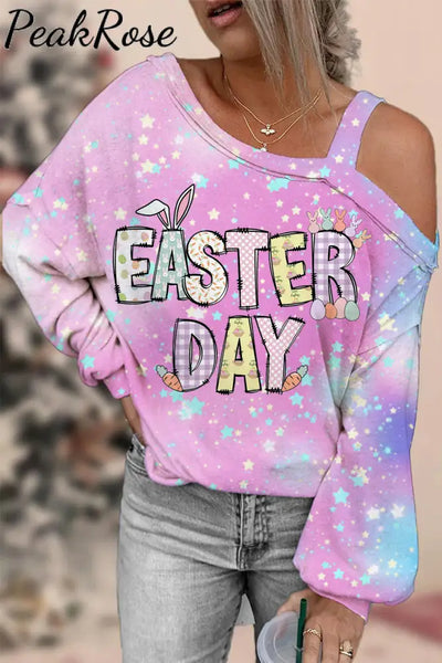 Happy Easter Day Pink Blue Gold Glitter Printed Off-Shoulder Blouse Photo Color / S