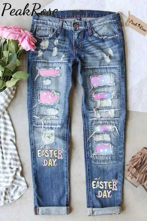 Happy Easter Day Pink Blue Gold Glitter Printed Ripped Denim Jeans