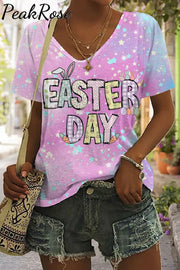 Happy Easter Day Pink Blue Gold Glitter V Neck T-Shirt T-Shirt