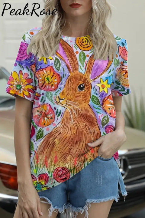 Happy Easter Day Rabbit Abstract Art Printed Round Neck T-Shirt T-Shirt