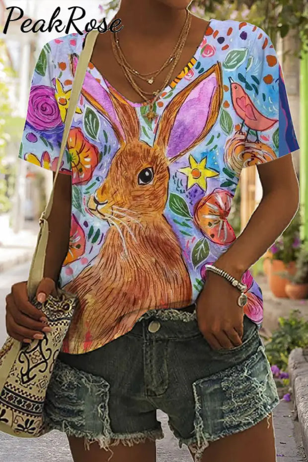 Happy Easter Day Rabbit Abstract Art Printed V-Neck T-Shirt T-Shirt