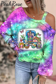 Happy Easter Day Truck And Bunny Gnome Eggs Daisy Tie Dye Printed Off Shoulder Blouse