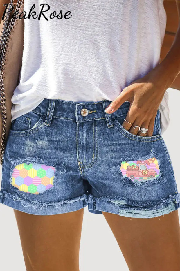 Happy Easter Egg Geometric Mosaic Cute Rabbit Truck Denim Shorts S / Blue