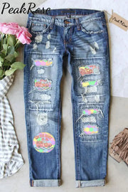 Happy Easter Egg Geometric Mosaic Cute Rabbit Truck Ripped Denim Jeans