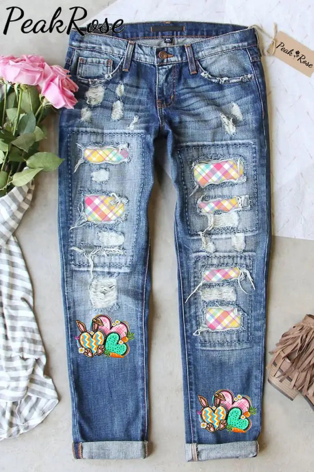 Happy Easter Heart Bunny Plaid Ripped Denim Jeans