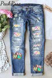 Happy Easter Heart Bunny Plaid Ripped Denim Jeans S