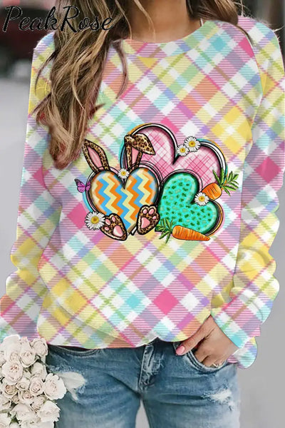 Happy Easter Heart Bunny Plaid Sweatshirt S / Stripe