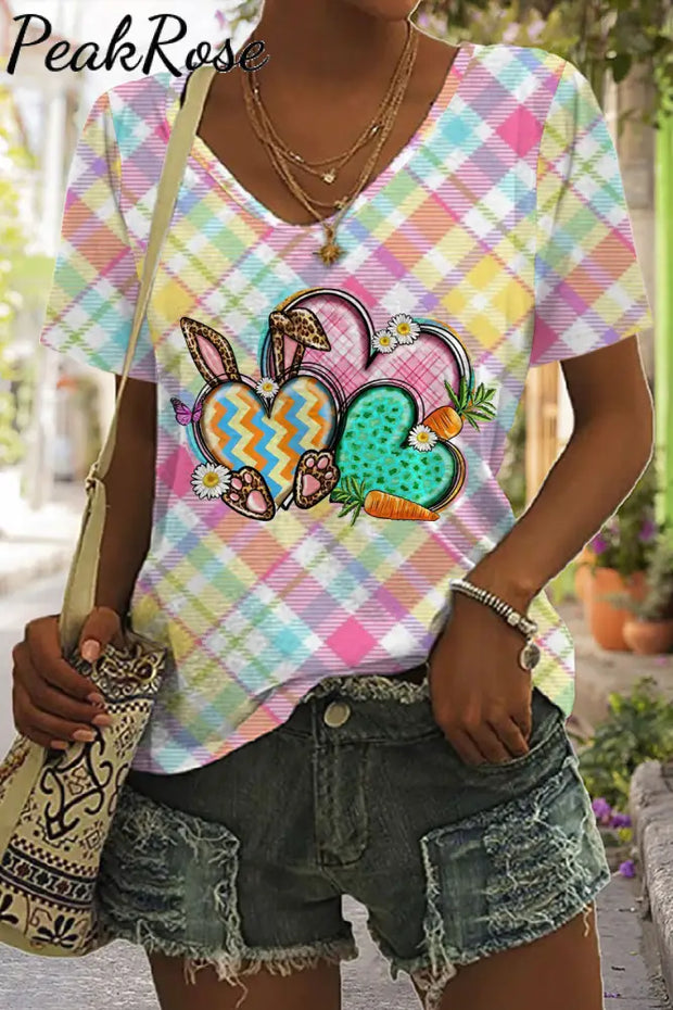 Happy Easter Heart Bunny Plaid V Neck Short Sleeve T-Shirt