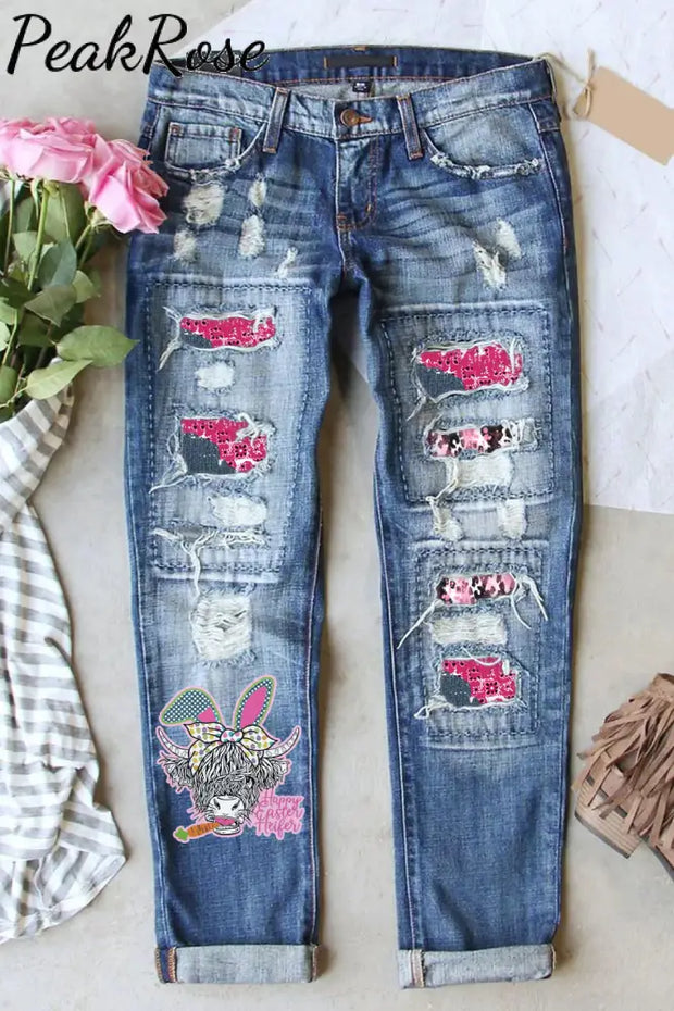 Happy Easter Heifer Denim Print Splicing Ripped Jeans