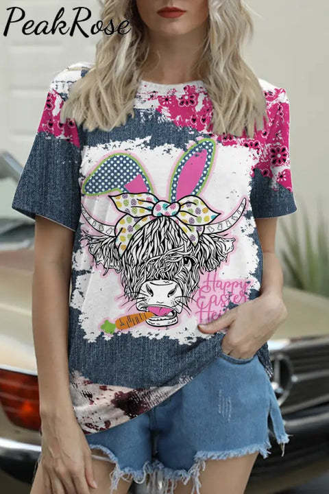 Happy Easter Heifer Denim Print Splicing Round Neck T-Shirt T-Shirt