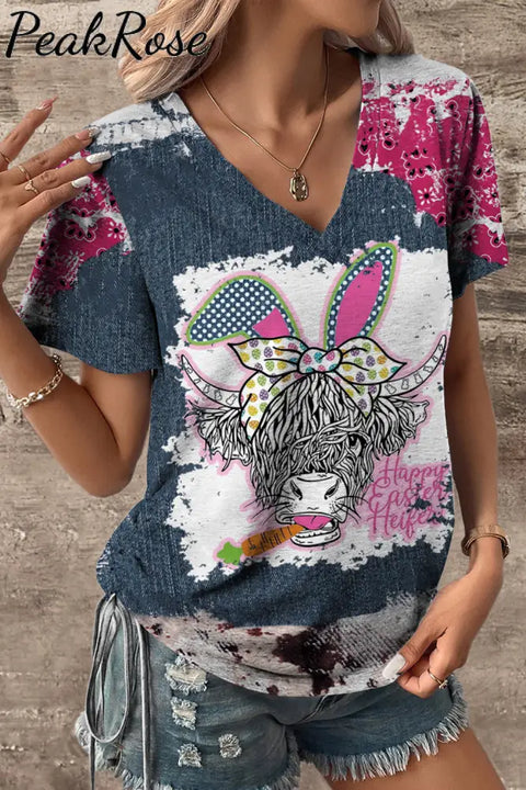 Happy Easter Heifer Denim Print Splicing V-Neck T-Shirt T-Shirt