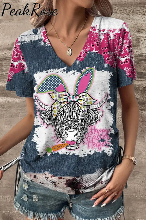 Happy Easter Heifer Denim Print Splicing V-Neck T-Shirt T-Shirt