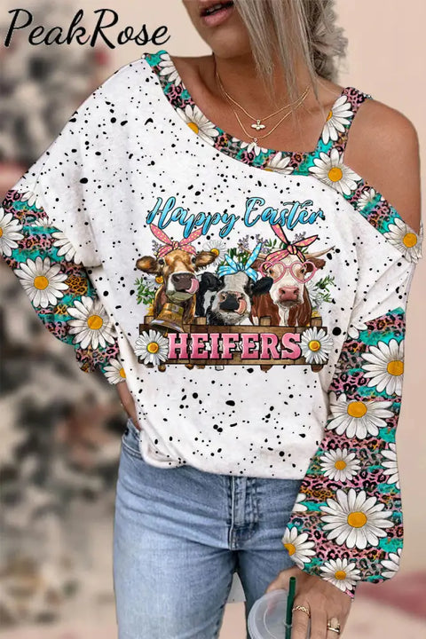 Happy Easter Heifers Cows With Daisy Polka Print Off-Shoulder Blouse