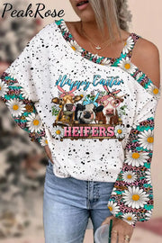 Happy Easter Heifers Cows With Daisy Polka Print Off-Shoulder Blouse