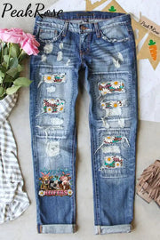 Happy Easter Heifers Cows With Daisy Polka Print Ripped Denim Jeans