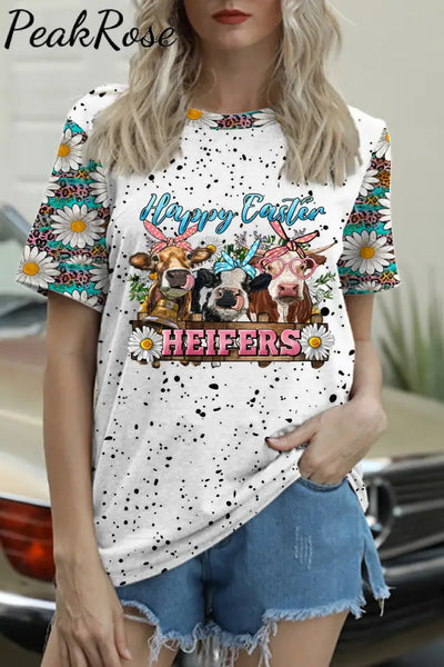 Happy Easter Heifers Cows With Daisy Polka Print Round Neck T-Shirt T-Shirt