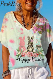 Happy Easter Polka Leopard Floral Bunnies Dolman Sleeves Tee