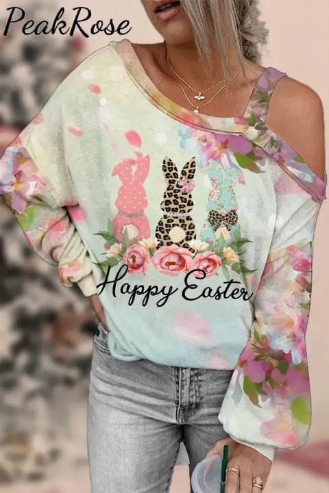 Happy Easter Polka Leopard Floral Bunnies Off-Shoulder Blouse