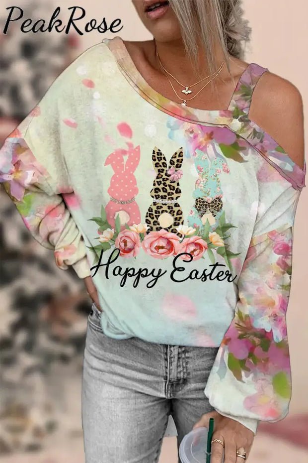 Happy Easter Polka Leopard Floral Bunnies Off-Shoulder Blouse / S