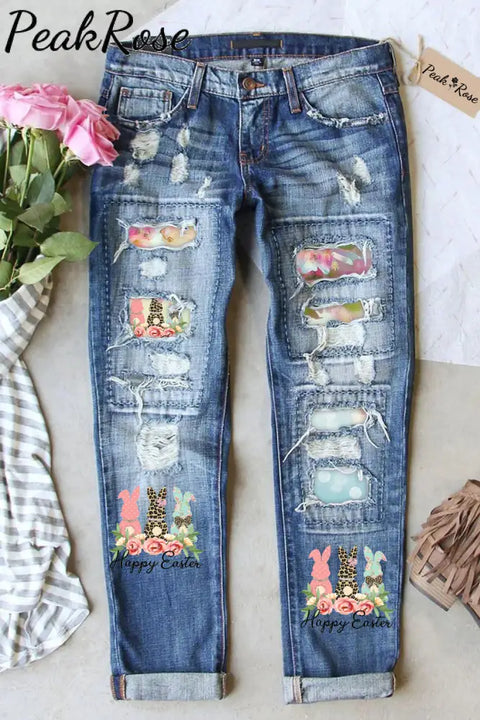 Happy Easter Polka Leopard Floral Bunnies Ripped Denim Jeans