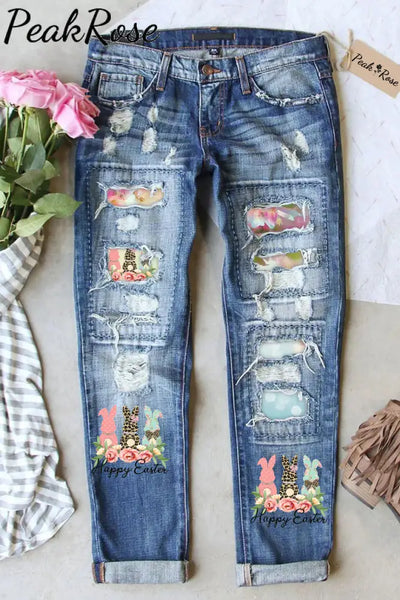 Happy Easter Polka Leopard Floral Bunnies Ripped Denim Jeans S