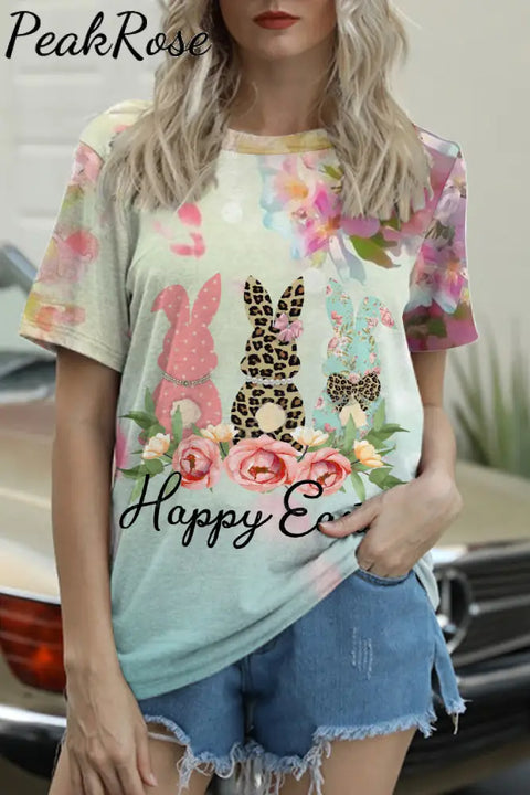 Happy Easter Polka Leopard Floral Bunnies Round Neck T-Shirt T-Shirt