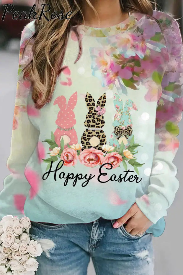 Happy Easter Polka Leopard Floral Bunnies Sweatshirt