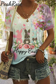 Happy Easter Polka Leopard Floral Bunnies V Neck T-Shirt T-Shirt