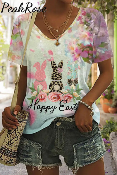 Happy Easter Polka Leopard Floral Bunnies V Neck T-Shirt S / T-Shirt